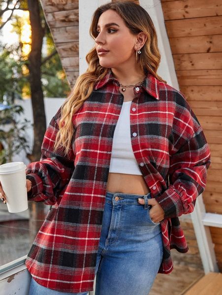 

plus plaid drop shoulder coat 113w#, Black