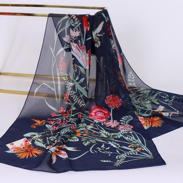 

scarves 2021 ladies elegant flower printing long chiffon silk scarf sunscreen shawl light luxury gift, Blue;gray