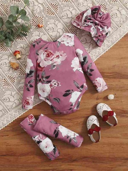 

baby floral print bodysuit with hat & socks she, Blue