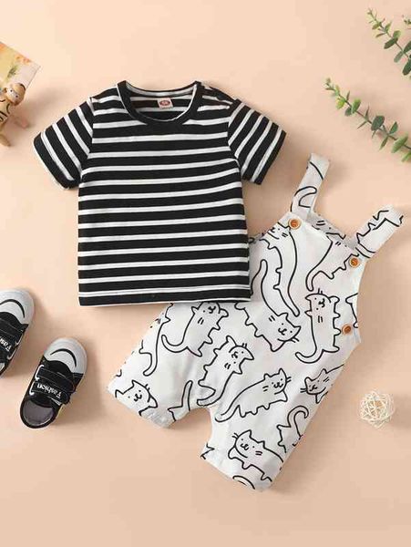 

baby striped tee & cat print overall romper she, White
