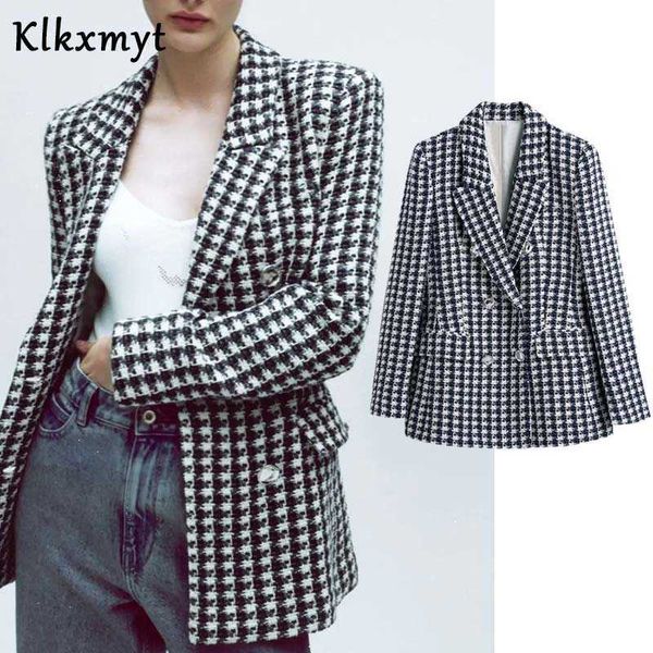 

klkxmyt za women fashion double breasted casual tweed blazer coat office ladies pockets vintage outwear suit chic 210527, White;black