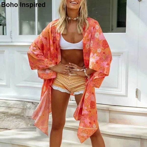Inspirado Floral Impressão Kimono Longo Fluxo Sleeves Verão Quimono Blusa Mulheres relaxado Fit Mulheres Tops Beach Tunic Roupas 210412