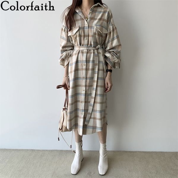 

autumn winter women pockets checkered vintage korean plaid lantern sleeve lace up long dress dr7237 210416, Black;gray