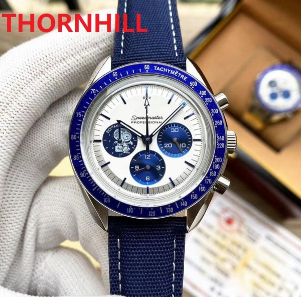 

42mm professional moon watches snoopy prize 50th anniversary mens watch white dial quartz chronograph blue nylon leather 316l stainless stee, Slivery;brown
