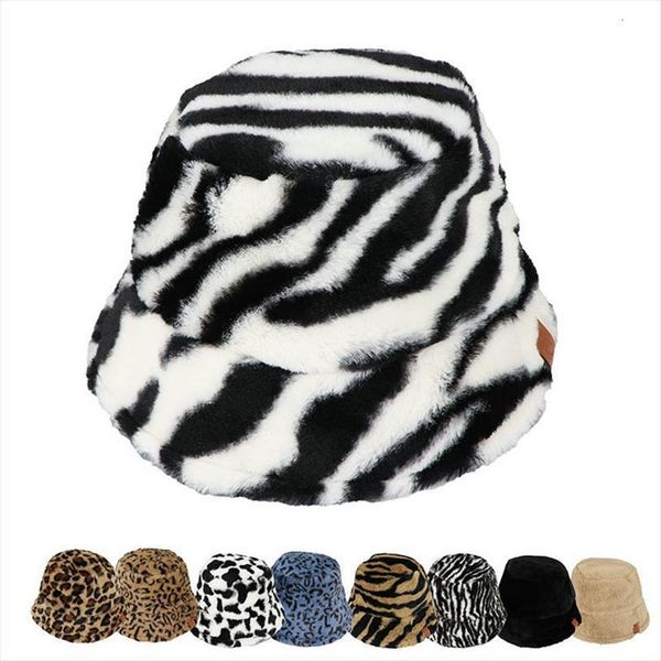 

women hats faux fur cow zebra print bucket outdoor warm thick soft foldable hat gorro lady winter panama fisherman caps, Blue;gray