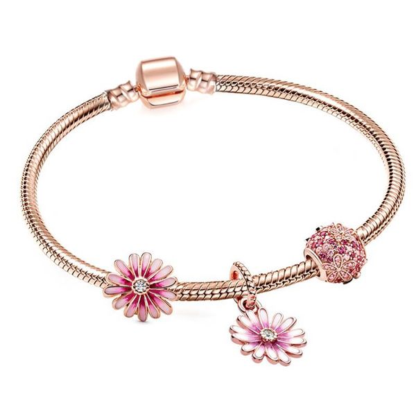 

pink blue daisy charms bracelet for women rose gold snake chain with pendant fit original jewelry making beads mother's day gift charm, Golden;silver