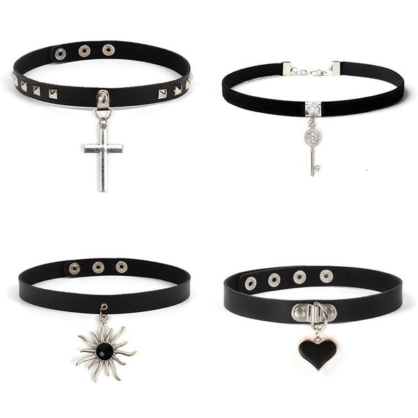 

necklaces pendants spike choker gothic pu leather cross sun key heart women collar rock punk chocker statement jewelry, Silver