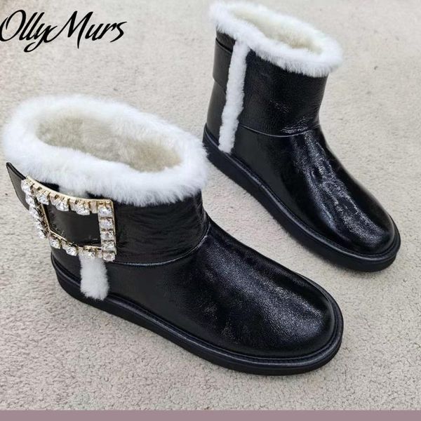 

boots ollymurs genuine leather crystal buckle wool warm slip on flats winter snow zapatos mujer, Black