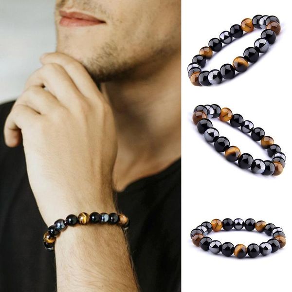 

beaded, strands triple peotection bracelet 10mm natural stone elastic gemstones healing energy stretch for men women a66, Black
