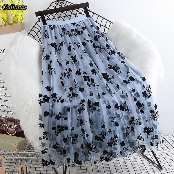 

summer mesh print floral long women skirts clothes elastic high waist casual pleated vintage mid calf tulle woman, Black