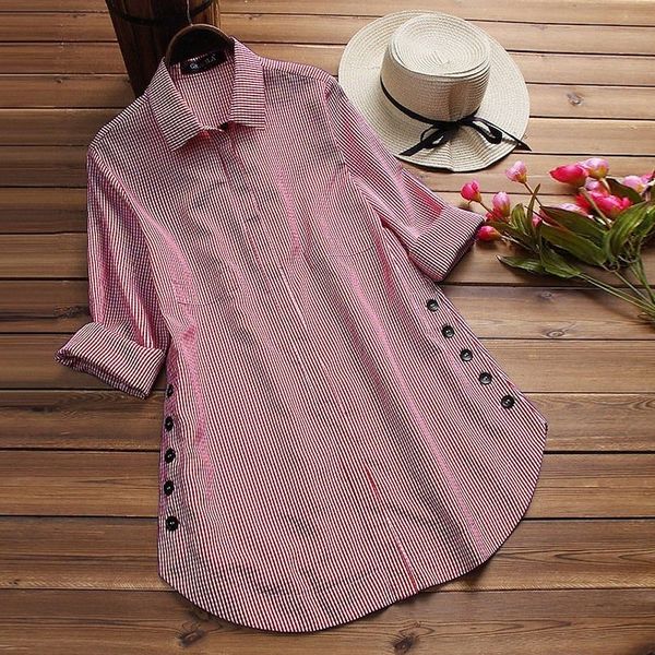 

women's plus size blouse shirt check button long sleeve shirt collar spring summer blue black 59pm#