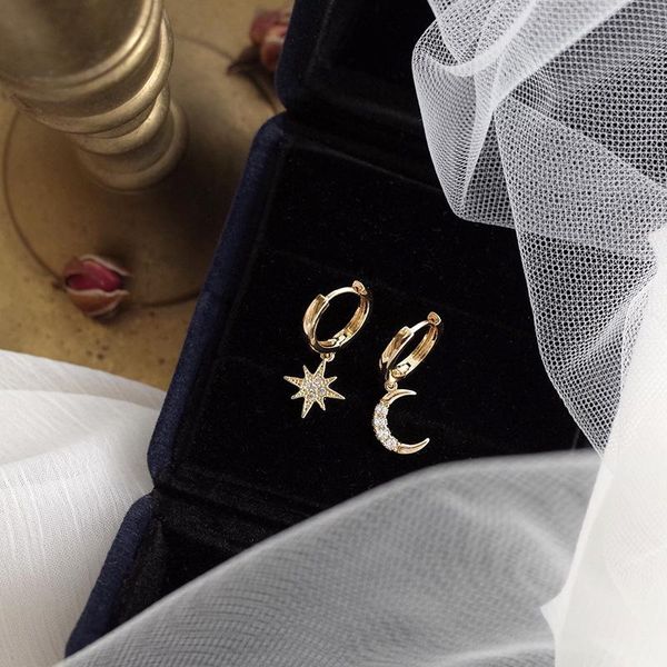 

hoop & huggie s925 sterling silver korean personality asymmetrical moon star earrings gold plated full inlaid zircon trendy female, Golden;silver