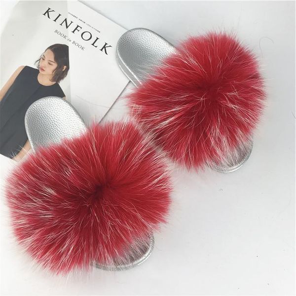 

fur slippers women real slides home furry flat sandals female cute fluffy house shoes woman 2021 36-41, Black