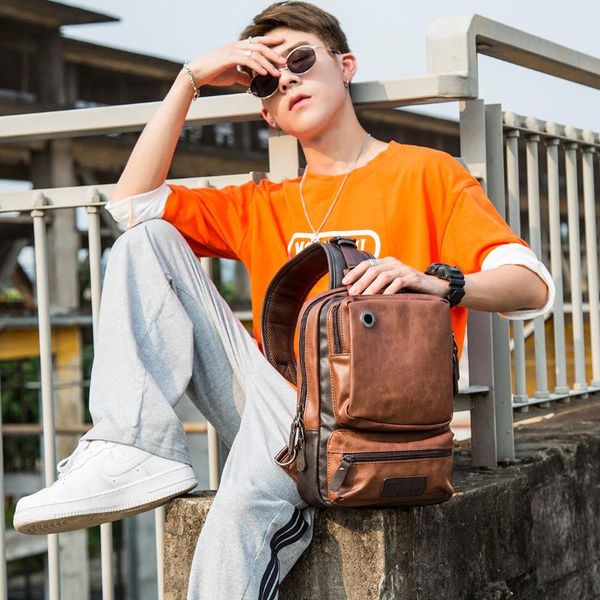 

backpack fashion men's pu leather chest bag pockets men travel male