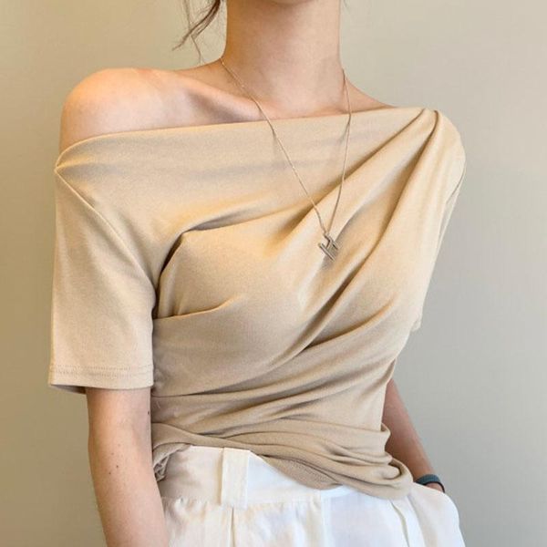 

women's t-shirt slash neck pleated cotton t-shirts women elegant one shoulder summer slim solid short sleeve casual shirt vintage, White
