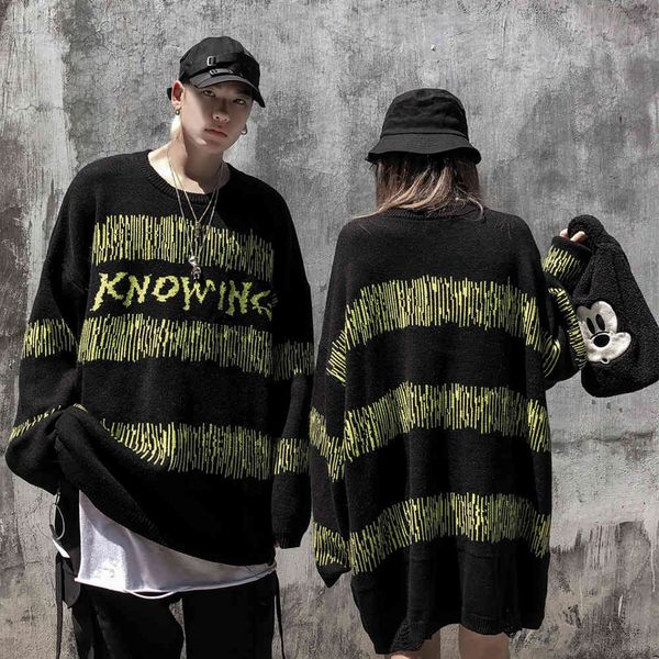 

sweater knit street trend contrast striped men's high loose round neck pullover top, White;black