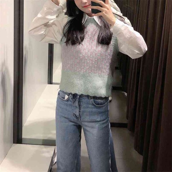 

spring and autumn women's casual plaid round neck sleeveless knitted vest 210430, White;black