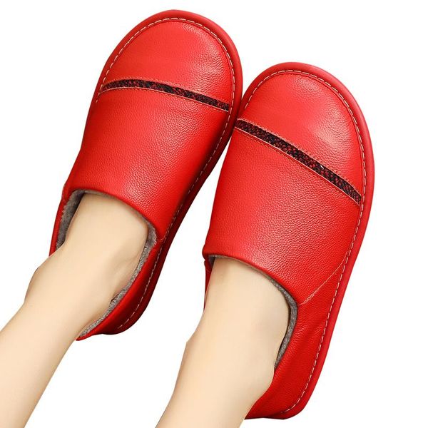 

slippers genuine leather winter indoor shoes anti-slip home comfortable casual for women, Black