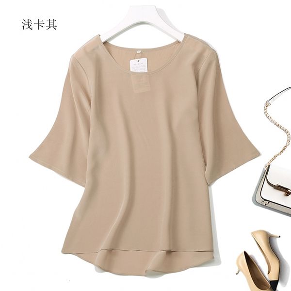 

t shirt women's 100% pure silk shirt blouse round neck short sleeves solid color size l xl jn120, White