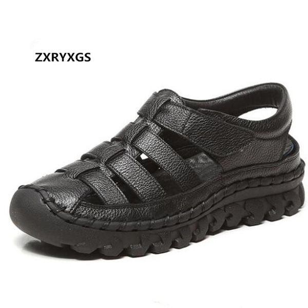 

est original handmade summer sandals women shoes flat non-slip outdoor genuine leather fashion casual, Black