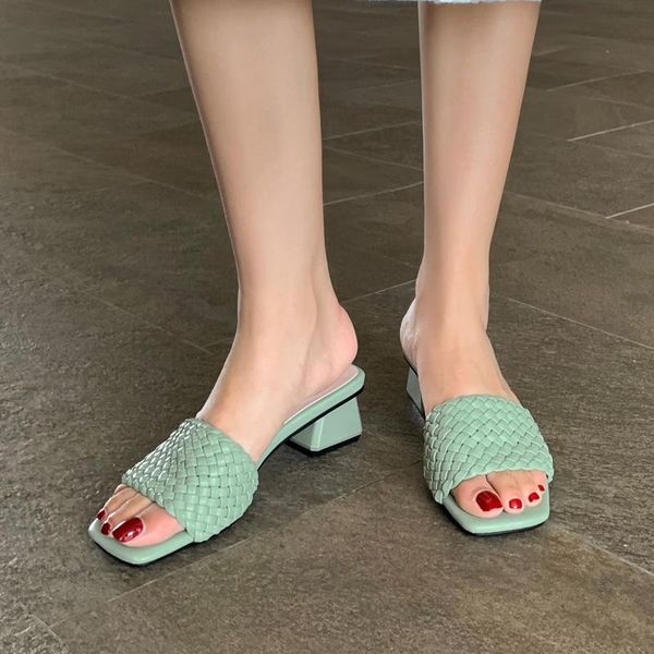 

summer women mules shoes design slippers sandals square toe slides low heel casual fashion women's large size, Black