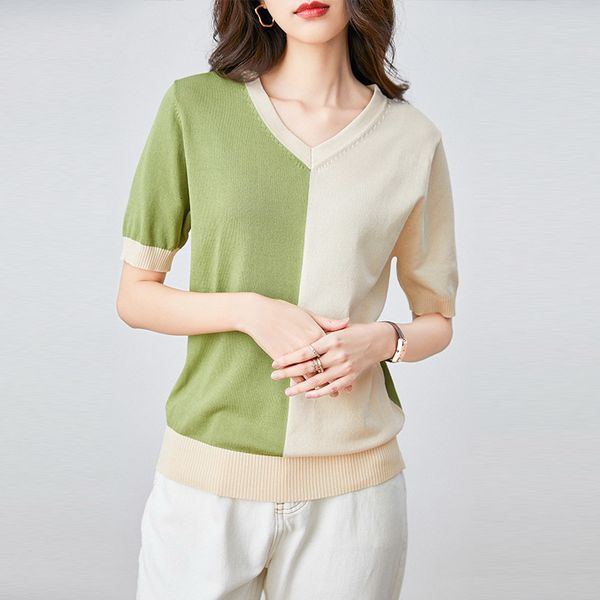 

women's t-shirt stylish tshirt women casual patchwork knit female short sleeves v-neck pullover shirts k4od, White