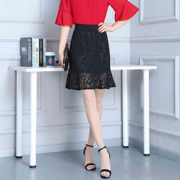 

skirts [available in large sizes]2021 lace skirt women's hollow out a-line with high waist and buttocks fishtail, Black