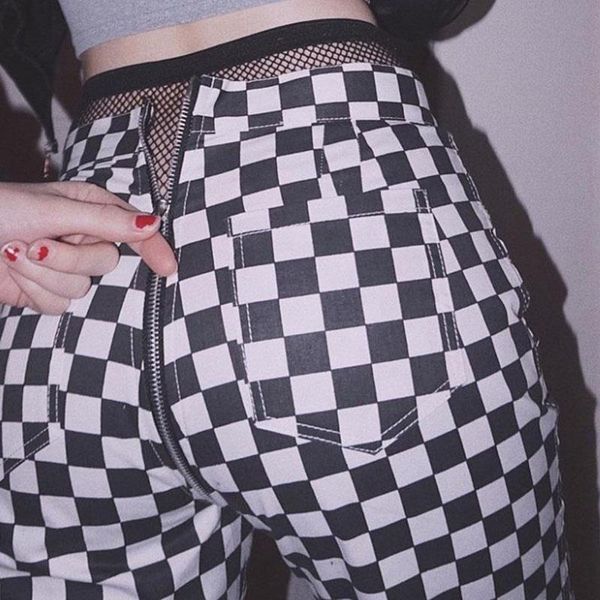 

women's pants & capris black white plaid long high waisted big metal o ring zipper pockets straight streetwear women summer trousers 20
