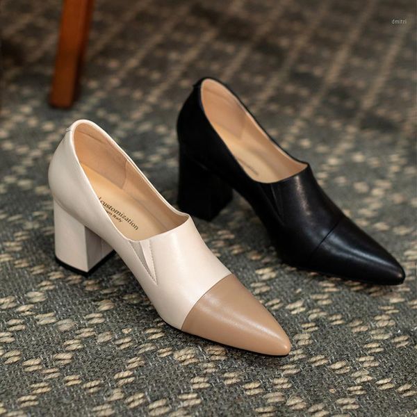 

dress shoes women natural leather pumps 22-24.5cm all-match elastic shoe mouth cowhide sheepskin insole korean pointed toe thick heel, Black