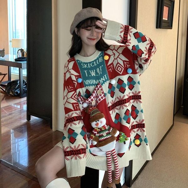 

women's sweaters santa sweater winter retro lazy wind heavy christmas jacquard loose medium long outerwear long-sleeve for women, White;black