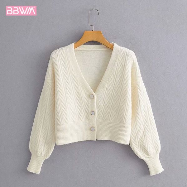 

french retro v-neck single-breasted thin section female cardigan loose short solid color long sleeve chic women's sweater 210507, White;black