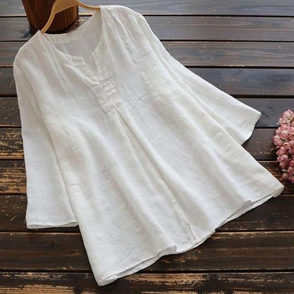 

women's blouses & shirts spring women plus size long sleeve tunic casual ladies cotton linen pleated loose vintage white blouse