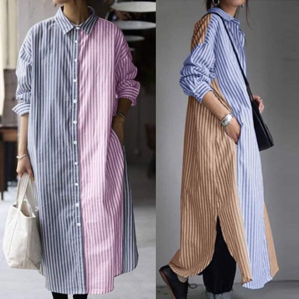 

casual dresses 2022 fashion striped shirt dress womens patchwork sundress long sleeve split maxi vestidos female button robe 5xl, Black;gray