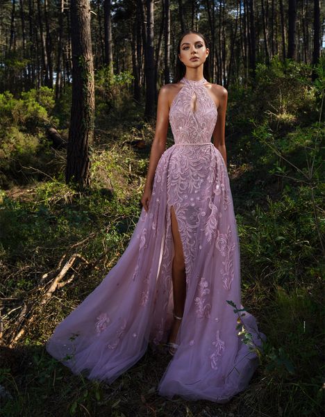 Lavender 2022 избыток на избыточных кружевах вечерние платья с бисером замочной скважины шеи разделить выпускное платье с съемным поездом длинные формальные платья