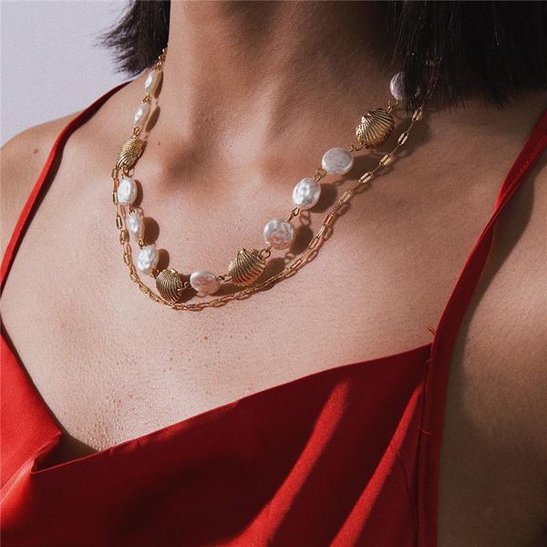 

Mamojko 2021 Beach Style Double-layer Pearl Scallop Shell Choker Necklaces For Women Golden Vintage Chocker Necklace Party Gifts Chokers, Golden;silver