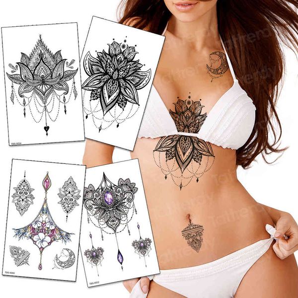 Schwarze Blume Temporäre Tätowierung Bady Art Wasserdichter Aufkleber Spitze Henna Sexy Tattoos für Frau unter der Brust Designs