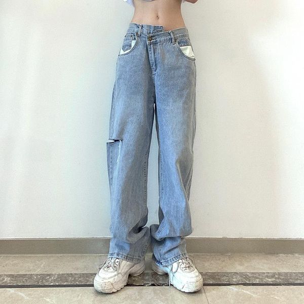 

women's jeans vintage asymmetrical waist hole straight womens loose denim pants 2021 casual wide leg streetwear mom, Blue