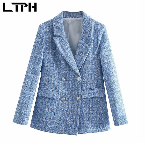 Moda xadrez Tecido de lã Mulheres Blazer Double Breasted Manga Longa Blazers Jaquetas Escritório Senhora Terno Casaco Primavera 210427