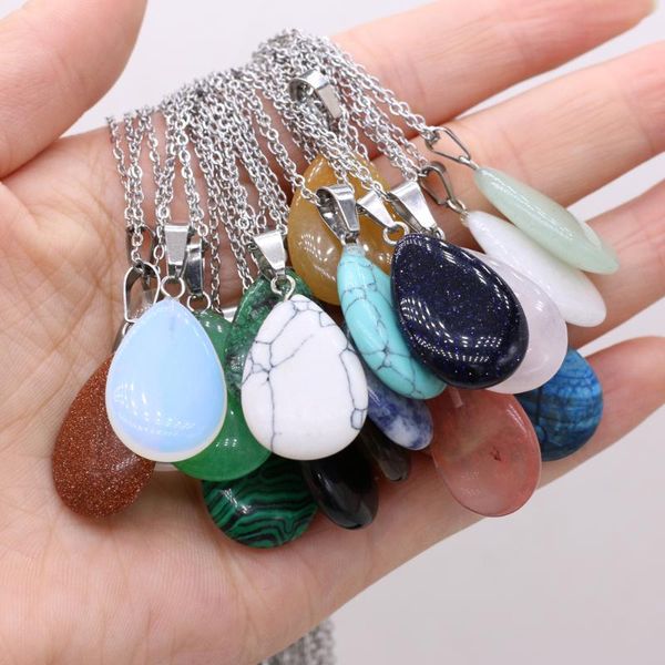 

pendant necklaces 16x24mm natural agates rose quartzs crystal necklace drop shape tiger eye opal charm choker women's jewelry, Silver