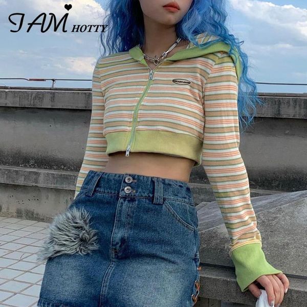 

women's jackets striped printed knitted short women zip up harajuku hooded sweatshirts y2k aesthetic outerwear autumn 2021 iamty, Black;brown