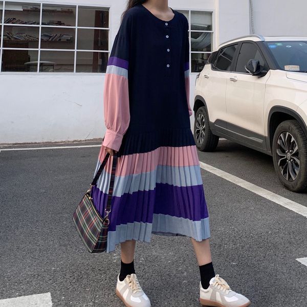 Nähen Mode Trend Damen Plissee Kleid Koreanischen Stil Lose Plus Größe Casual Robe Frühling Herbst 16W471 210510