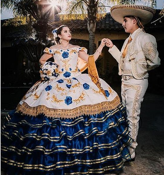 

new charro floral embroidery quinceanera dresses tiered skirt for girls 2022 off the shoulder ball gown sweet 16 dress mis 15 aÃ±os brithday, Blue;red