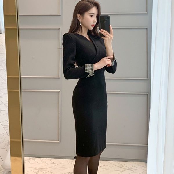 

office lady v-neck cross long sleeve black pencil dress women spring elegant slim knee length bodycon sheath dress 210514, Black;gray