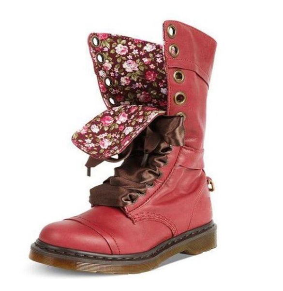 

boots women vintage autumn steampunk leather sewing shoes ladies winter non-slip flat women's lace up footwear mid-calf female, Black