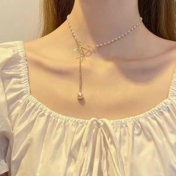 

chains earringsfairy niche bowknot pearl necklace female ins cold wind temperament simple clavicle chain, Silver