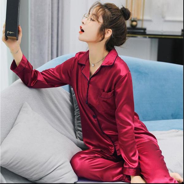 

faux silk pajamas nightwear women sleepwear set soft and comfortable simple pure color leisure long sleeve, Black;red