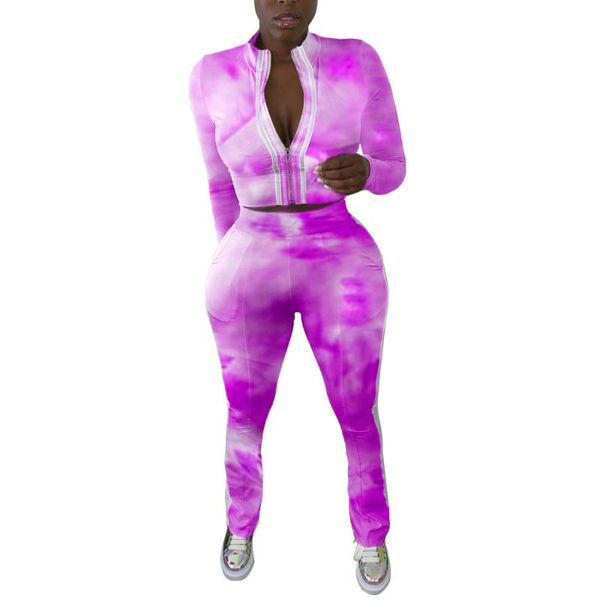 

women's two piece pants cutubly long sleeve set tracksuit autumn tie dye print zipper coat pencil suit outfits, White