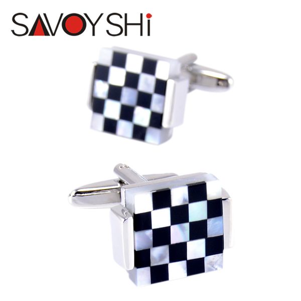 

savoyshi luxury square cufflinks for mens french shirt black white shell cuff links wedding grooms gift man jewelry, Silver