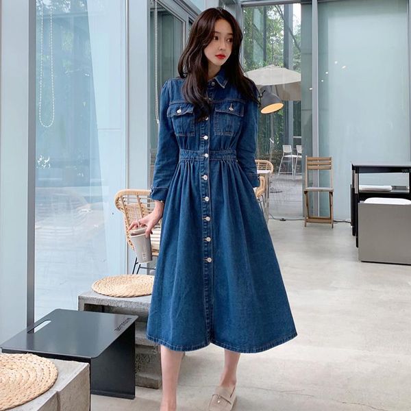 

casual dresses women long denim dress spring autumn 2021 fashion blue long-sleeve loose cotton female, Black;gray