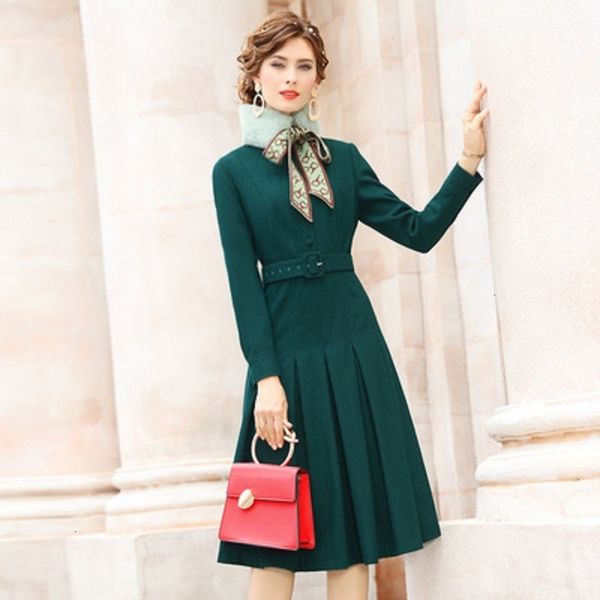 

casual dresses solid woolen dress women's autumn winter style retro office lady high waist mid length a-line skirt with hairy collar 68, Black;gray